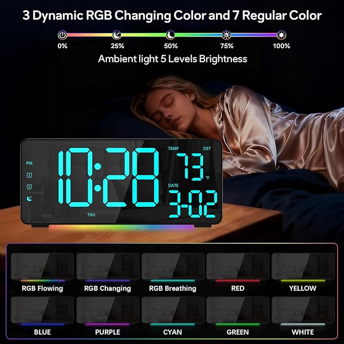 Digital Alarm Clocks for Bedrooms, RGB Desk Clock with 15 Color Display, Date Temperature and Weekday, DST, Snooze, 2 Alarms, Ambient Lighting for Living Room, Bedside Office Gaming Desk Decor