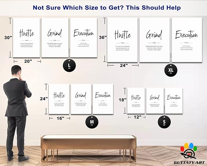Office Wall Art - 3 Panel Motivational Wall Art, Inspirational Quotes Canvas Art for Home Office Wall Decor, Positive Quotes Wall Decor, Entrepreneur Grind Hustle Execution Poster Frame (12”x18”x3Pcs)