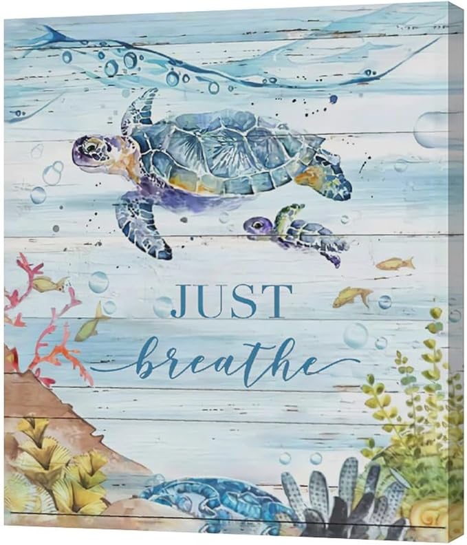 Ocean Sea Turtle Wall Art Nautical Just Breathe Pictures Wall Decor Beach Seaweed Canvas Coastal Painting Modern Artwork Home Decoration for Bathroom Living Room Bedroom Office Framed 20"x24"
