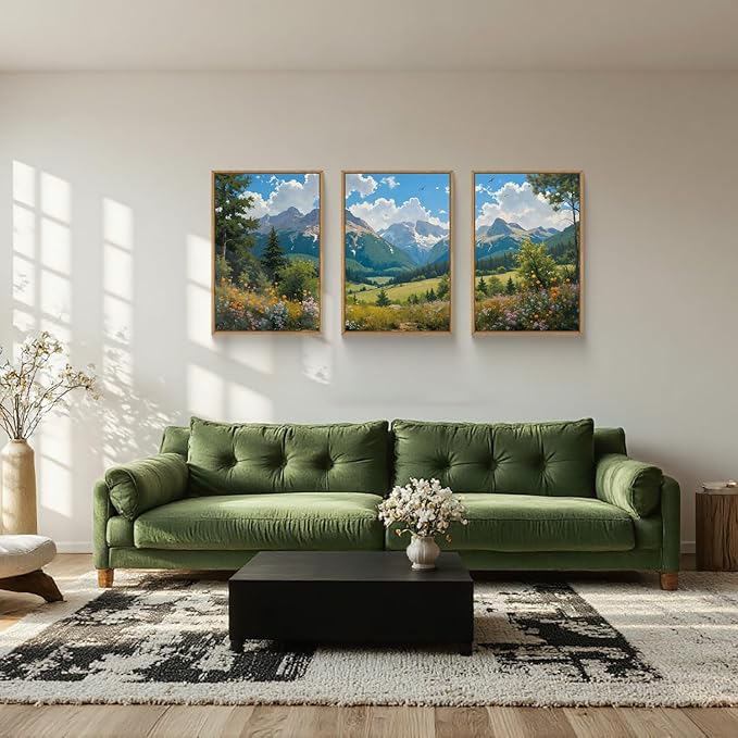 HLNIUC Green Forest Mountain Landscape 3 Piece Wall Art Framed, Colorful Wildflower Nature Wall Decor(24x36), Blue Sky White Cloud Canvas Painting, Woodland Tree Print for Living Room, Bedroom, Office