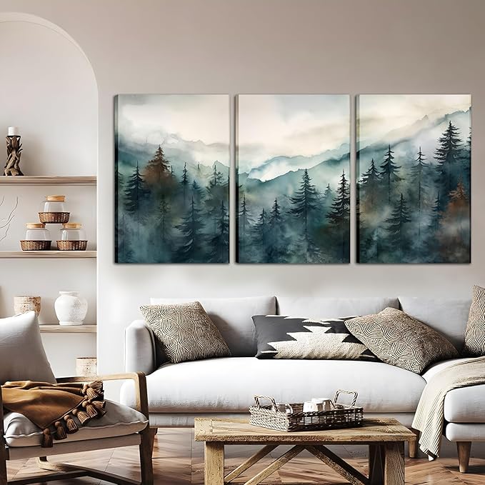 AKWISH Framed Green Forest Canvas Wall Art Set of 3, Boho Misty Watercolor Pine Tree Wall Decor Art, Nature Scenery Foggy Mountain Posters Prints for Living Room, Bedroom, Office 16x24 In