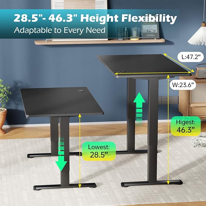 PayLessHere Electric Standing Desk 48x24 Inch Height Adjustable Desk Large Space Office Computer Desk with Headphone Holder 2 Memory Function for Home Office,Black