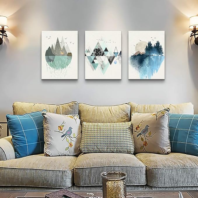MHARTK66 Canvas Wall Art - Abstract Geometry Mountain Wall Artworks, 3 Panels, 12x16 inch, 3 Piece Set for Living Room, Office, Bedroom, Bathroom Home Decoration