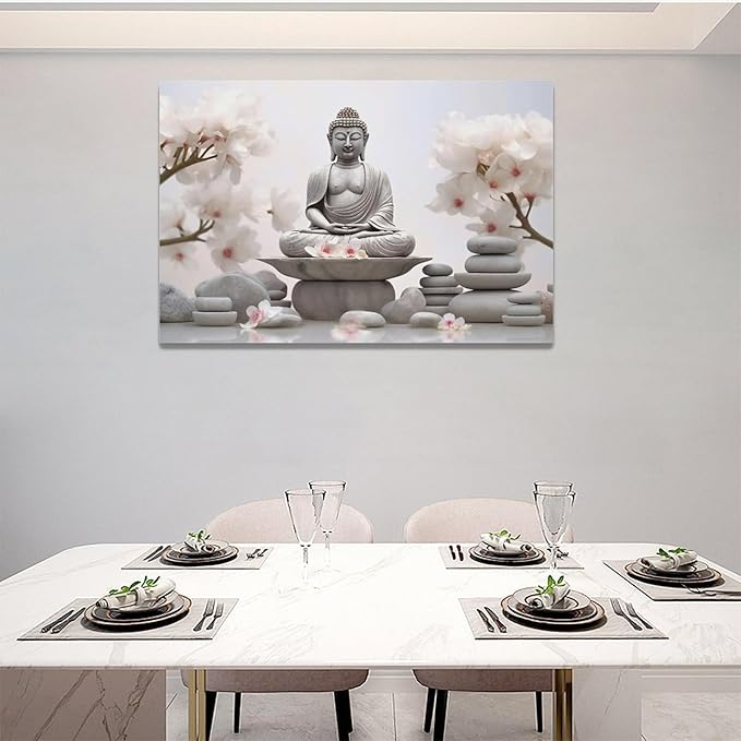 yerretin Buddha Zen Wall Art Buddhist Pictures Wall Decor Blossom Statue Canvas Meditation Painting Modern Artwork Home Decoration for Bathroom Living Room Bedroom Spa Yoga Framed 24"x16"