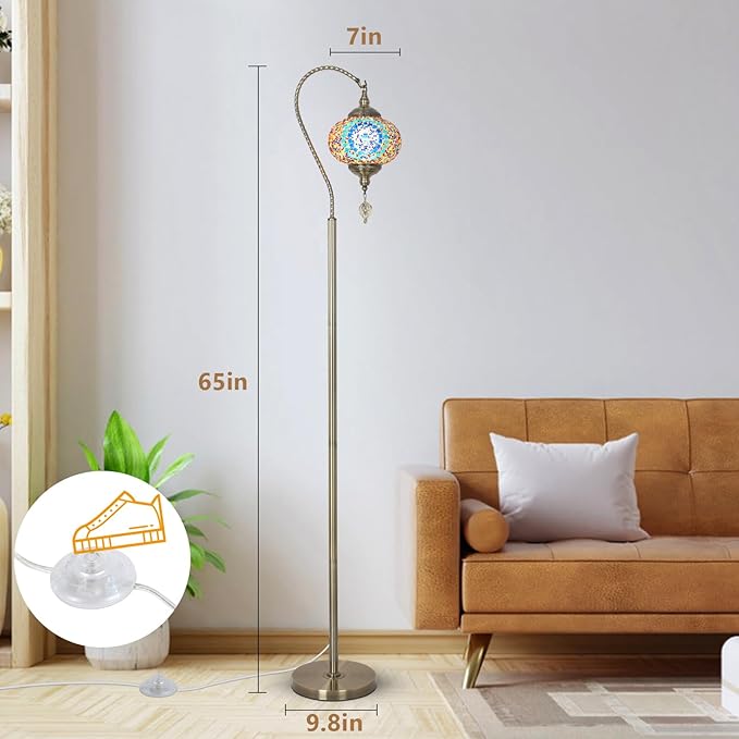 Turkish Floor Lamp, Modern Moroccan Lamps for Living Room with Handmade Mosaic Glass Shade, Vintage Floor Lamp Tall Pole Lamp, Bronze Tiffany Standing Lamps for Bedroom Corner Light