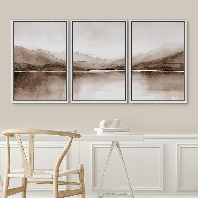 SIGNWIN Framed Canvas Print Wall Art Mountain Landscape Modern Minimalist Brown and Gray Watercolor Nature Wilderness Modern Art Cool for Living Room, Bedroom, Office - 16"x24"x3 White