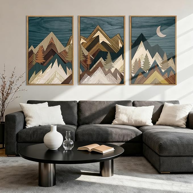BINCUE Framed Mountain Wall Art,Neutral Landscape Canvas Wall Art,Blue Boho Mountain Artwork Woodcut,Modern Forest Moon Nature Painting for Home Bedroom Living Room Office 16x24 Inches Set of 3
