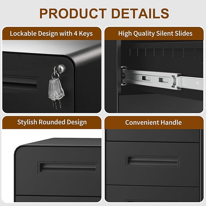 3 Drawers Slim File Cabinet, Mobile Filing Cabinet with Lock, Steel, Fully Assembled Except Casters, for Home Office, for A4, Letter, Legal File Folders, Black
