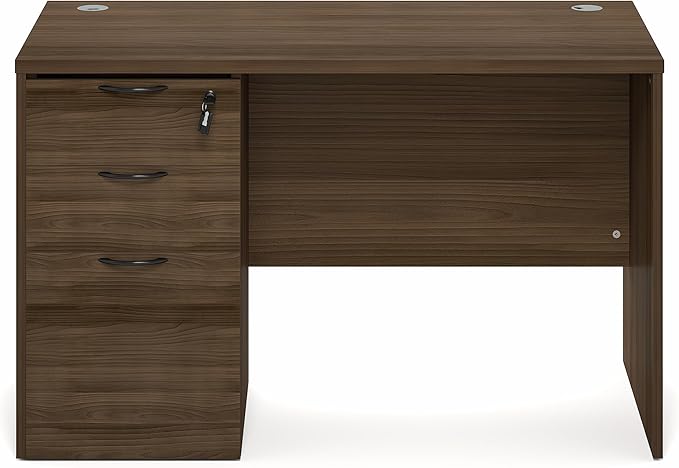 Furinno Roger 47 Inch Executive Desk with File Cabinet, Home Office Desk with 3-Drawer Fixed Pedestal Filing Cabinet, Desk Cord Grommet, for Home Office, Modern Walnut