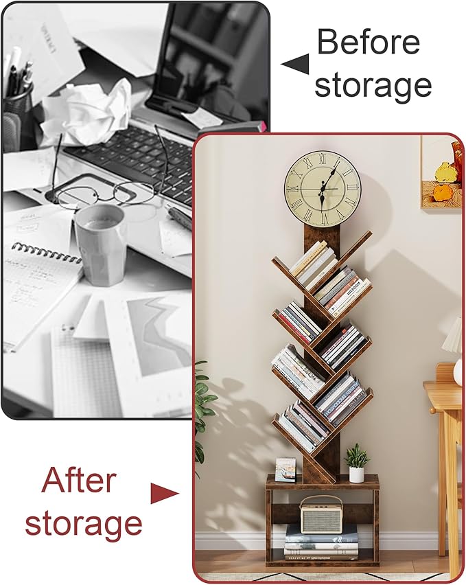 7 Tier Tree Bookshelf with Clock and Storage Cabinet, Small Narrow Floor Standing Bookcase for Bedroom, Living Room, Home Office, Rustic Brown
