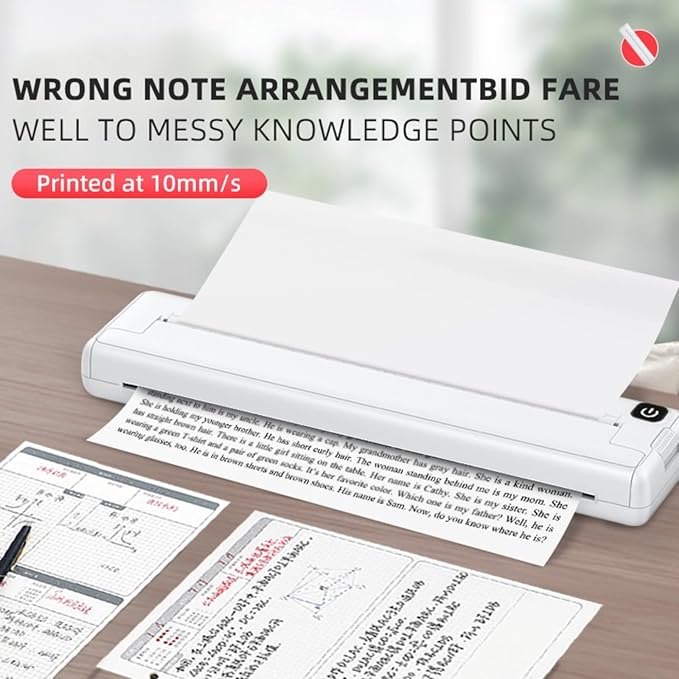 Yoidesu Portable Thermal Printer, Supports A4 Thermal Paper, 200DPI Inkless Mobile Travel Printers for Car School Office, Mini Bluetooth Printer for Android for iOS Phone