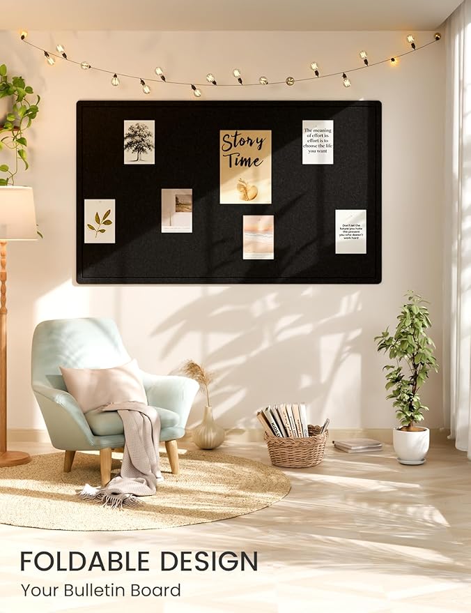 Fluxynara Large Bulletin Board, 59" x 35.4" Cork Board Alternative with 24 Safe Removable Adhesive Tabs, Foldable Felt Pin Board for Home Office, Classroom, Bedroom,Entryway for Walls— Black