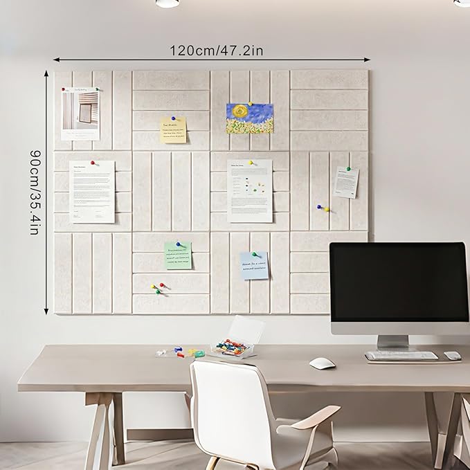 Felt Bulletin Board Tiles 48" x 36", 12-Pack Cork Board for Office, Pin Board with 60 Pushpins Cork Boards for Office Decor Walls Organizer, 70 Adhesive Tabs Included - Oatmeal