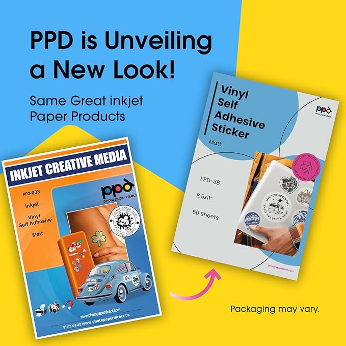 PPD Premium Printable Vinyl Sticker Paper for Inkjet Printer - 50 Sheets Matt Sticker Paper 8.5 x 11 - Self-Adhesive, Waterproof, Tear Resistant, Instant Dry - PPD-38-50