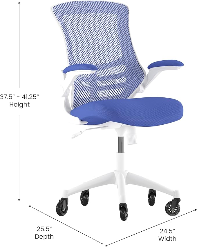 Flash Furniture Kelista Mid-Back Blue Mesh Swivel Ergonomic Task Office Chair with White Frame, Flip-Up Arms, and Transparent Roller Wheels