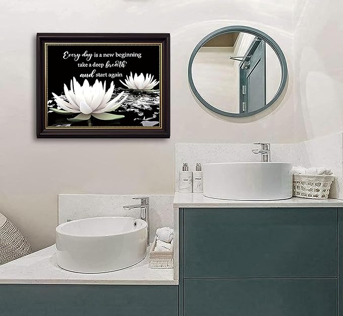 Dark Brown Frame Zen White Lotus Canvas Wall Art On In Water Blooming White Lotus Picture Wall Decor Spiritual Meditation Poster Print Painting for Modern Yoga Spiritual Spa Home Decoration