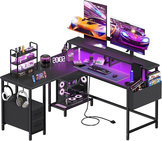Lufeiya L Shaped Gaming Desk with Led Lights and Power Outlets, 48 Inch Corner Home Office Desk with Monitor Stand Shelves, Writing Study Computer Desks with Fabric Drawers for Bedroom, Black