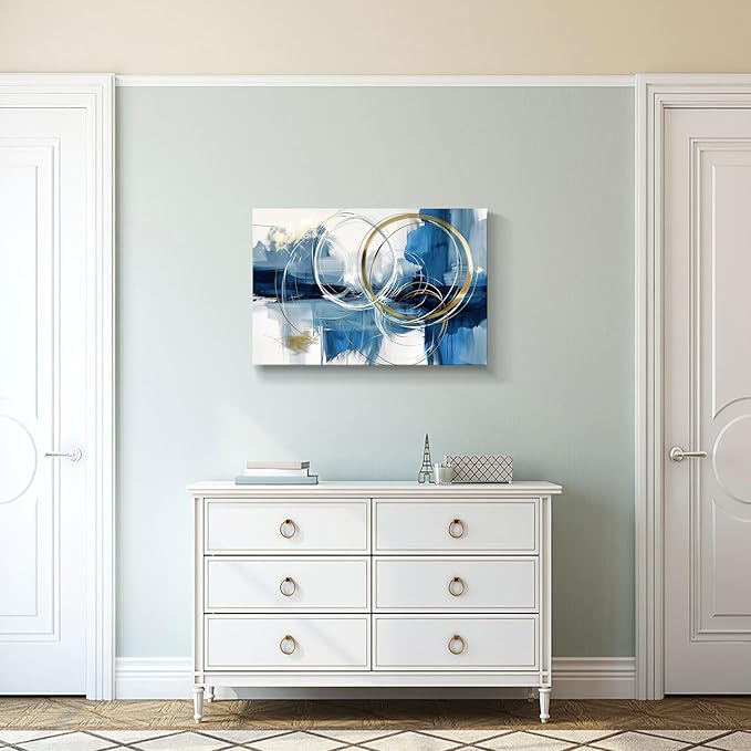 gaosoul Minimalist Abstract Canvas Wall Art Blue and Gold Doodles on White Background Painting Prints Stylish Framed Artwork for Living Room Bedroom Office Decor 30x20in