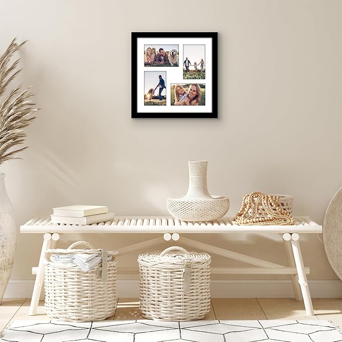 Americanflat 4x6 Collage Picture Frame with Shatter-Resistant Glass - Fits Four 4x6 Photos or Use as One 12x12 Picture Frame - Signature Collection - Collage Frames for Wall Display - Black