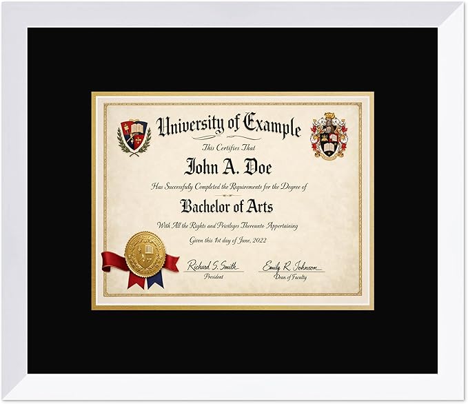 CountryArtHouse Diploma Frame Fits 11 x 8.5 US Letter Certificate - Keepsake Graduation Display Bright White Genuine Hardwood with Black Over Metallic Gold Double mat