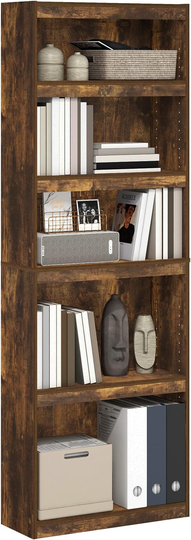 Furinno Jaya Book Shelf, 5-Tier Bookshelf, Bookcase, with Adjustable Shelves, 9.5" x 24.5" x 71.1", for Organization and Storage, for Home Office, Living Room, Amber Oak