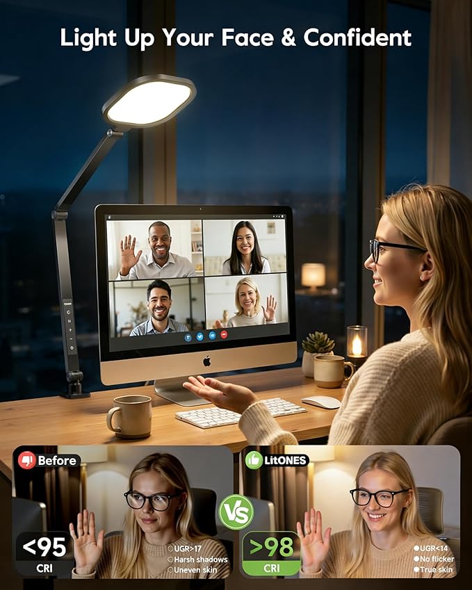 Desk Lamp with Clamp for Home Office, 2000LM, 15W, CRI >97.8 Zoom Lighting for Video Calls, 3 Colors & 10 Brightness, Remoted Desk Light with Memory & Timer