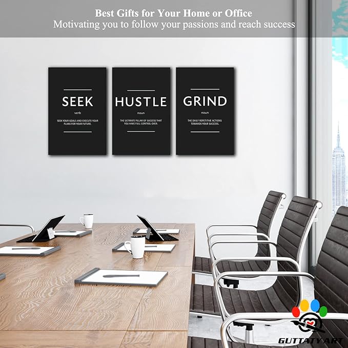 Office Wall Art - 3 Panel Motivational Wall Art, Inspirational Quotes Canvas Art for Home Office Wall Decor, Positive Quotes Wall Decor, Entrepreneur Grind Hustle Execution Poster Frame (16”x24”x3Pcs)
