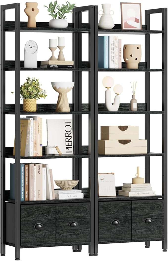 Furologee 6-Tier Bookshelf Set of 2, Tall Bookcase with 2 Drawers and Shelves, Industrial Display Free Standing Shelf Units, Storage Rack Organizer for Bedroom, Living Room, Home Office, Black Oak
