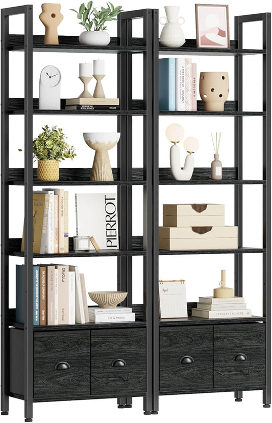 Furologee 6-Tier Bookshelf Set of 2, Tall Bookcase with 2 Drawers and Shelves, Industrial Display Free Standing Shelf Units, Storage Rack Organizer for Bedroom, Living Room, Home Office, Black Oak