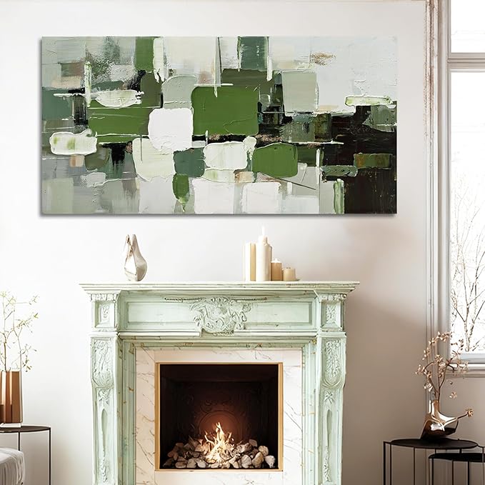 ZUNARE Contemporary Abstract Canvas Wall Art Geometric Block Print in Green White Black and Gray, Minimal Modern Artwork for Living Room Bedroom Office Kitchen 29"x58"