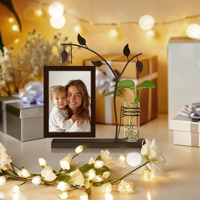 Sapowerntus 5x7 Picture Frames Black Family Desk Office Modern Photo Frame, Water Plants Flowers Floating Double Glass Vase Tabletop Standing Home Decor, Wedding Grandma Mother Mom Gift