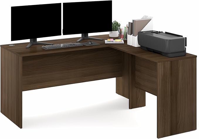 Furinno Roger 60 Inch L-Shaped Office Desk, Executive Desk with Reversible Desk Return, Modesty Panel, Desk Cord Grommet, Scratchproof, for Home Office, Modern Walnut