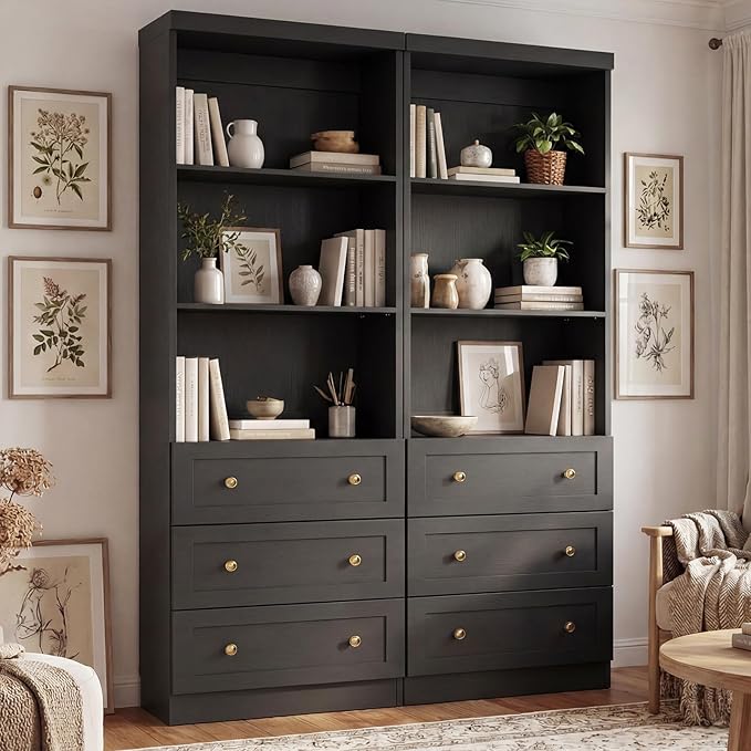 Cyclysio 80" Bookshelf with 3 Drawers, Tall Bookcase with Thickened Top Panel and 3-Tier Open Shelves, Tall Storage Cabinet for Home Office, Living Room, Black