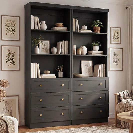 Cyclysio 80" Bookshelf with 3 Drawers, Tall Bookcase with Thickened Top Panel and 3-Tier Open Shelves, Tall Storage Cabinet for Home Office, Living Room, Black, Set of 2