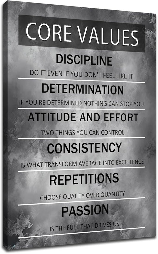 Motivational Canvas Wall Art Black and White Poster Print Inspirational Core Values Entrepreneur Quotes Home Boys Girls Kids Room Living Room Office Wall Decoration Stretch and Framed [24''Wx36''H]
