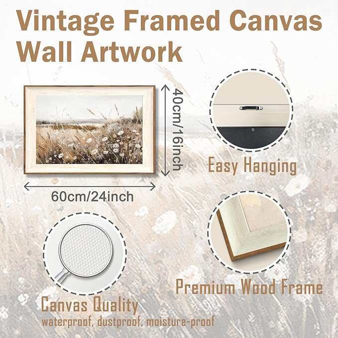 ASTRDECOR Framed Vintage Wall Art Home Decor, Farmhouse Decor Wall Art Autumn Country Wildflower Field Nature Canvas Art Wall Decor Living Room, Vintage Oil Painting Botanical Wall Print-16''x24''