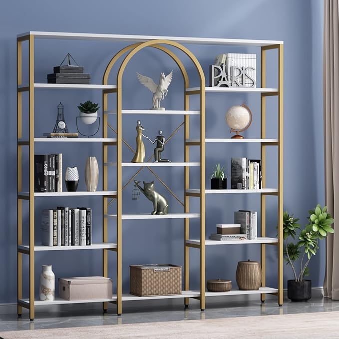 Auromie Triple Wide Gold Bookshelf, 70.87" W x 71.34" H Large Modern Etagere Bookcase, Tall Display Shelf with 13-Tier Open Shelves, Freestanding Staggered Storage Shelf for Home Office, White/Gold