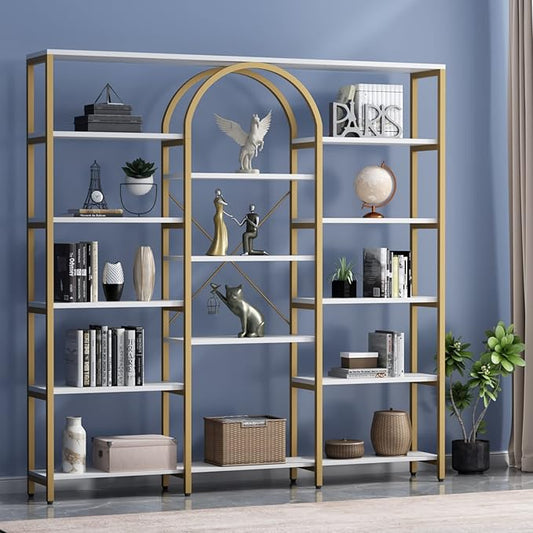 Auromie Triple Wide Gold Bookshelf, 70.87" W x 71.34" H Large Modern Etagere Bookcase, Tall Display Shelf with 13-Tier Open Shelves, Freestanding Staggered Storage Shelf for Home Office, White/Gold