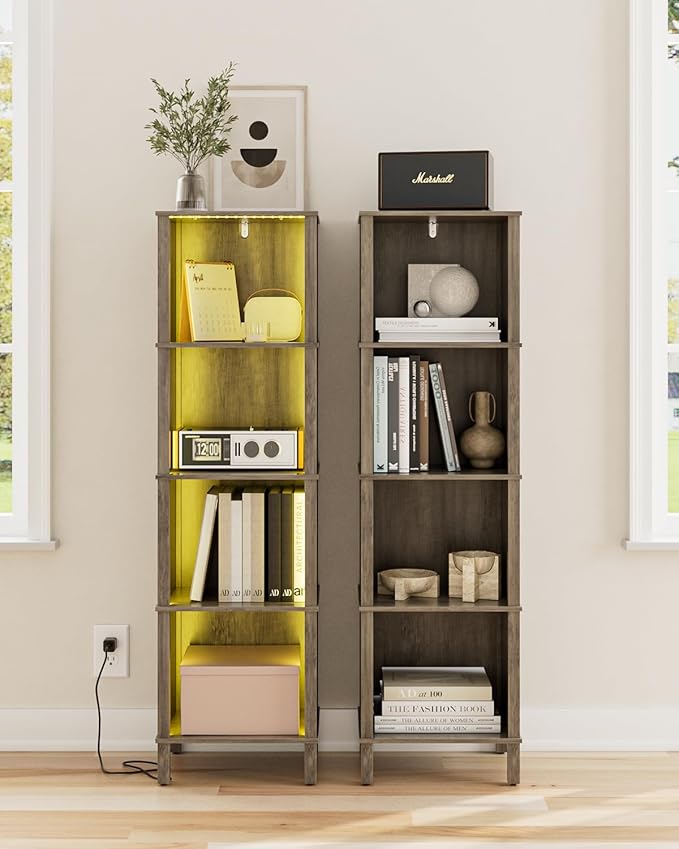 Bookshelf, Modern 4-Tier Bookcase, Open Storage Book Shelf, 11 × 14.2 × 50.4 Inches, Small Narrow Bookshelves for Living Room, Home Office, Bedroom, Gray