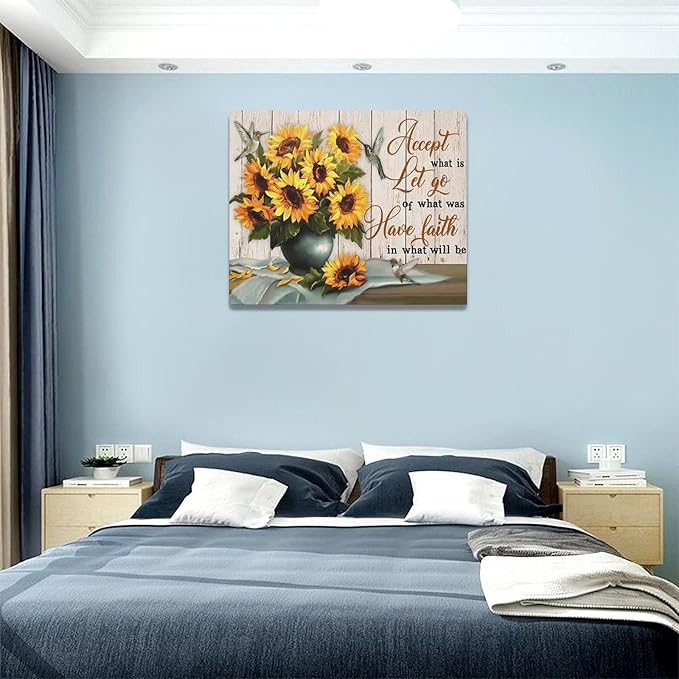 yerretin Farmhouse Sunflower Wall Art Sunflower Pictures Wall Decor Rustic Canvas Painting Modern Artwork Home Decorations for Bathroom Dining Room Kitchen Bedroom Office Framed 20"x16"