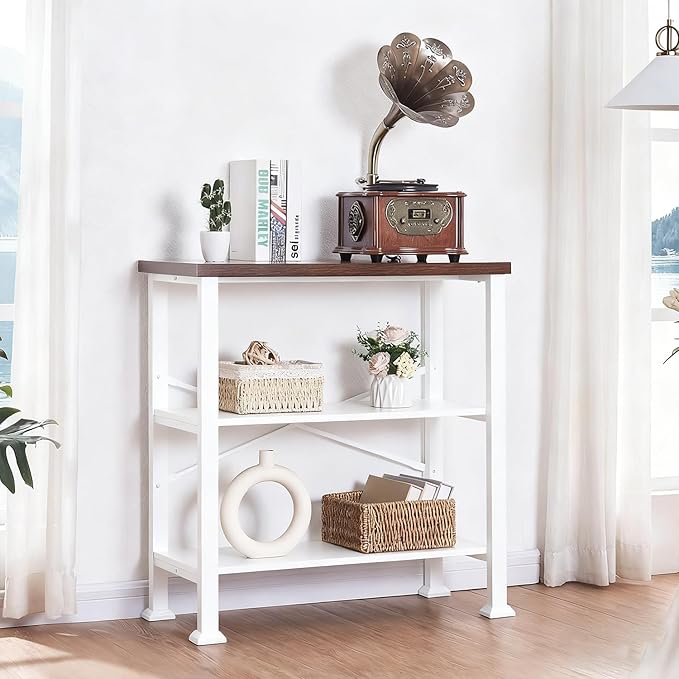 HOMBAZAAR 3 Tier Bookshelf,White Brown Industrial Book Shelf,Engineered Wood and Metal Small Bookcases,Low Shelf Bookcase for Living Room,Office,Bedroom and Kitchen