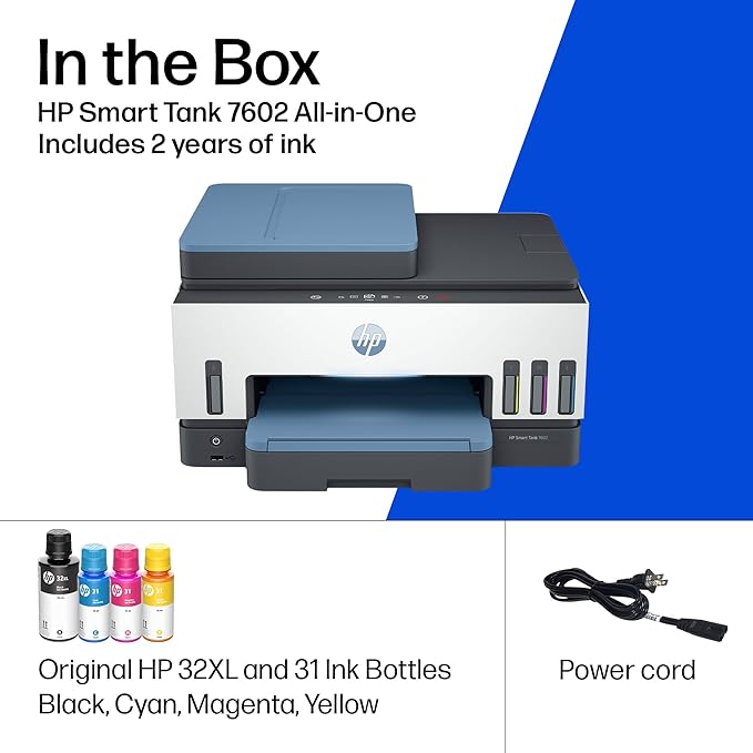 HP Smart Tank 7602 Wireless All-in-One Ink Tank Printer, Scanner, Copier with 2 Years of Ink Included, Best-for-Home Office, Cartridge-Free Refillable, AI-Enabled (28B98A)