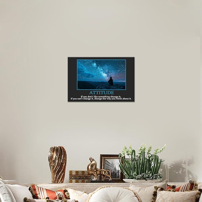 UZMKM - Inspirational Canvas Wall Art, ATTITUDE Mindset Quotes Waman Watch Star Picture Prints, Success Framed Company Poster, Positive Quotes Wall Painting for Home Office Workplace 12x18 Inch