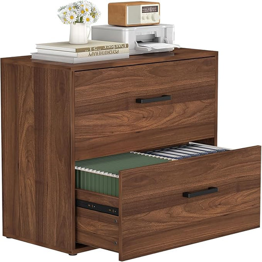 2 Drawer File Cabinet, Wood Lateral Filing Cabinets, Wide Office File Cabinet with Drawer for Hanging Files/Letter Size Printer Stand for Home Office School, Assembly Required, Walnut