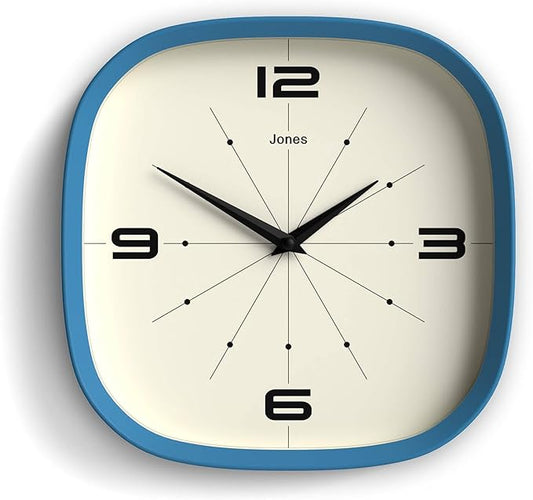 JONES CLOCKS® Pulsar wall Clock | Square Rounded Retro Clock | 10 inch | Blue | Cool Designer Look for Kitchen, Living Room or Office