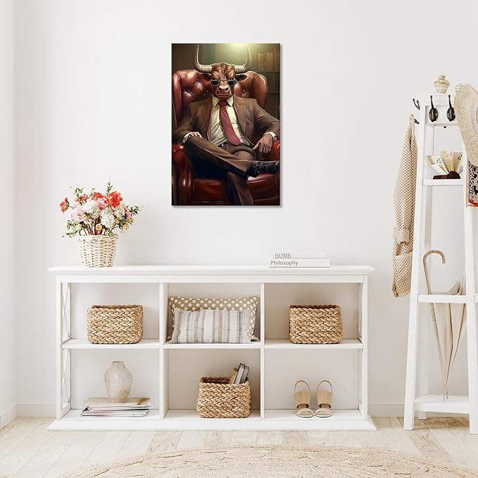 Trendy Suit Animal Cow Portrait Wall Art Funny Boss Cow Canvas Posters Work Struggle Motivation Inspiring Prints Painting For Office Living Room Wall Decor 16x24in Framed