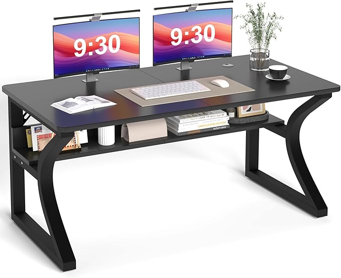 47 inch Computer Desk, Office Desk w/Storage Shelf & Cable Management, Work Table w/Sturdy U-Shaped Metal Frame & Deeper Desktop, Study Writing Desk for Home Office Bedroom (Black, 47inch)