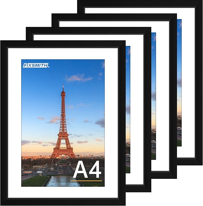 FIXSMITH A4 Picture Frame Set of 4, Photo Frame with HD Plexiglass, Display Pictures 6x8 with Mat or 8.3x11.7 Without Mat, Black Picture Frames Collage Wall Decor, Gallary Wall Frame