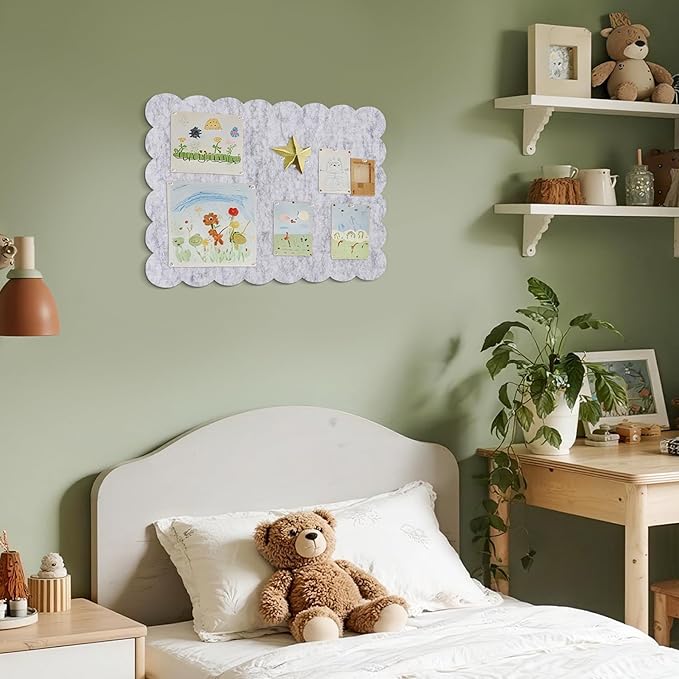 Scalloped Bulletin Board, 24 x 18 Inches Felt Pin Board - Decorative Cork Alternative for Wall, Foldable Picture Self-Adhesive Vision Prayer Board with 20 Pushpins - Marble White