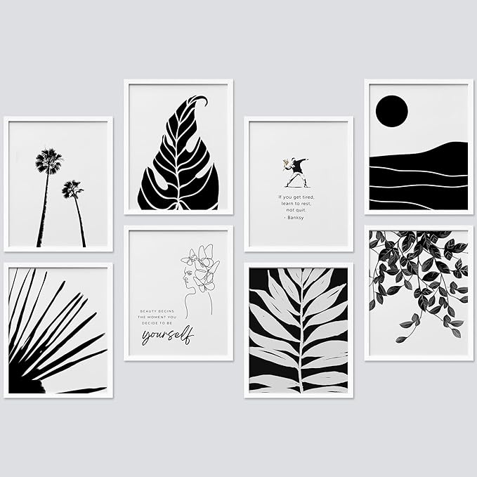 SIGNWIN Framed Poster Bathroom Decor, Wall Art Room Decor Multicolor for Living Room, Bedroom, Office Black White Duotone Tropical Palm Landscape Nature Abstract Shapes - 8"x10"x 8 White